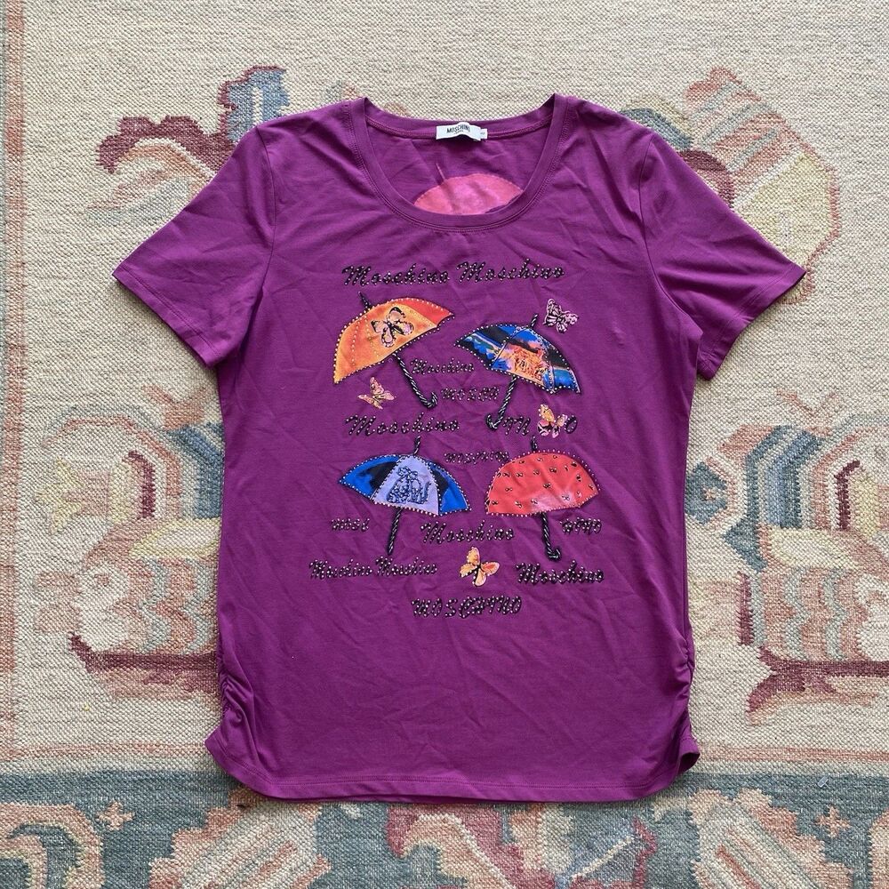 Y2K Moschino Jeans Purple Top Short Sleeve Size 4 Vintage Beaded Embellished